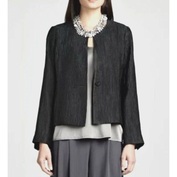 Eileen Fisher Crinkle Silk Collarless Jacket-Black-Leather Trim Pockets-Medium - Picture 1 of 14